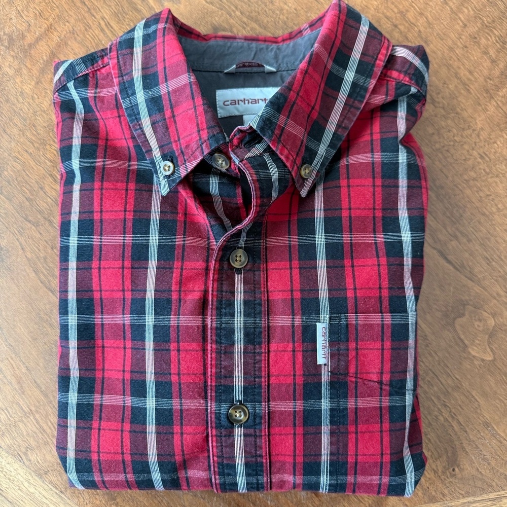 Carhartt Shirt Mens Large Red Plaid Buttonup Long Sleeves Buttondown‎ Collar